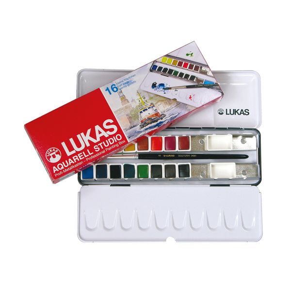 LUKAS Aquarell Studio 16 Half Pans Metal Box with Brush