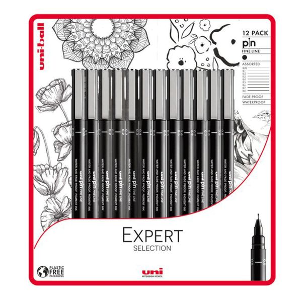 Uniball Expert Selection 12pc Unipin fineliner drawing pens black