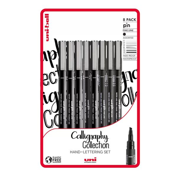 Uniball Calligraphy 8pc Unipin fineliner drawing pens black