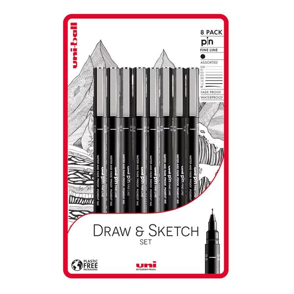 Uniball Draw and Sketch 8pc Unipin fineliner drawing pens black