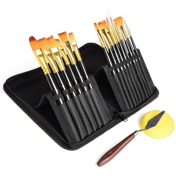 Paint Brush Set Includes Popup Carrying Case with Palette Knife and 1 Sponge