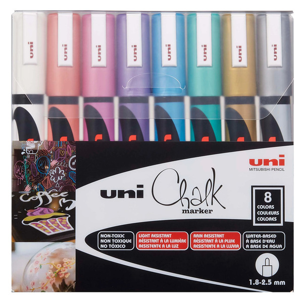 Uni Ball Chalk Marker Set 8pc - PWE-5M Chisel Tip (Asst Colours)