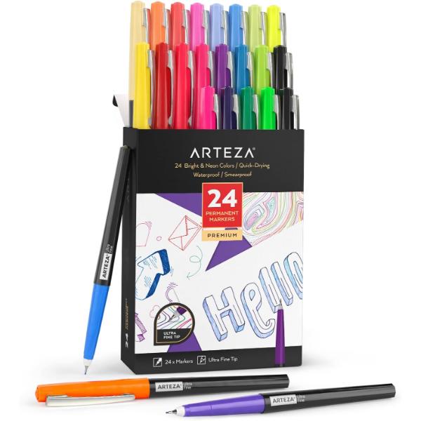 Permanent Markers, Bright & Neon, Ultra Fine Tip - Set of 24