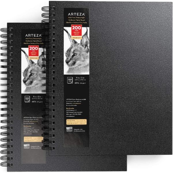 Sketchbook, Spiral-Bound Hardcover, Black, 9x12” - Pack of 2