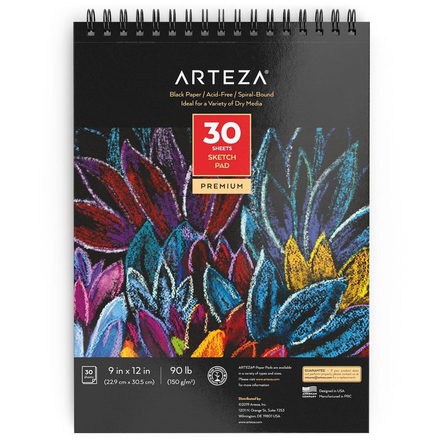 Spiral Sketch Pad, Black Paper, 9 x 12 inch, 30 sheets, 1 pack