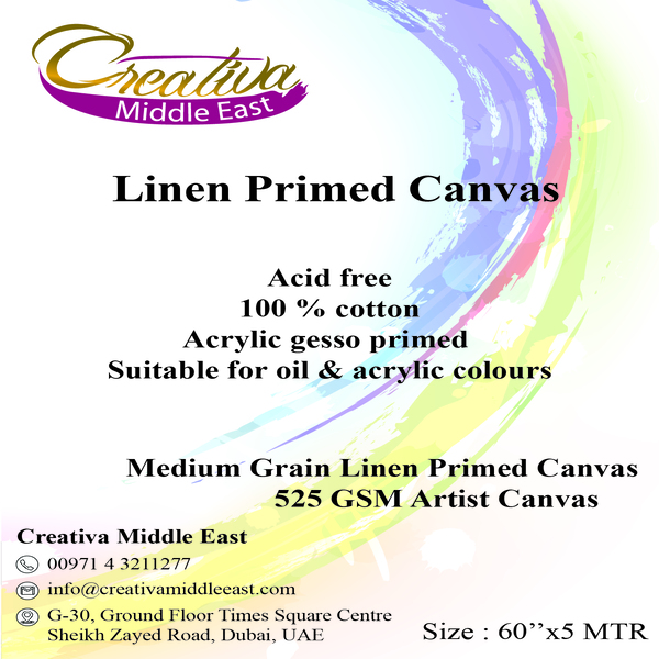 CREATIVA 10oz LINEN PRIMED CANVAS ROLL 60X5M MEDIUM GRAIN 525GSM